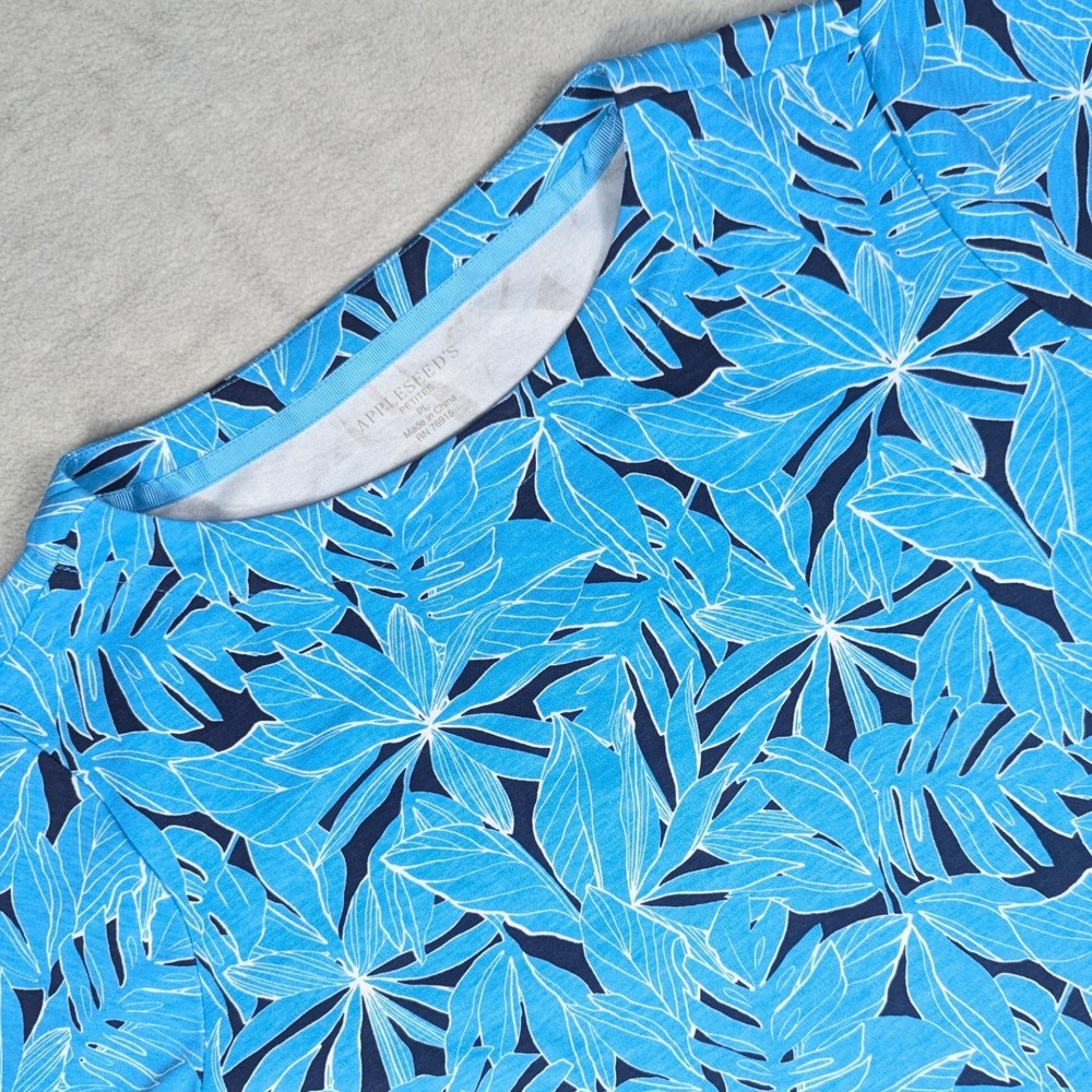 Appleseed's Petites Blue Tropical Palm Leaf Print Drawstring Waist Dress PL